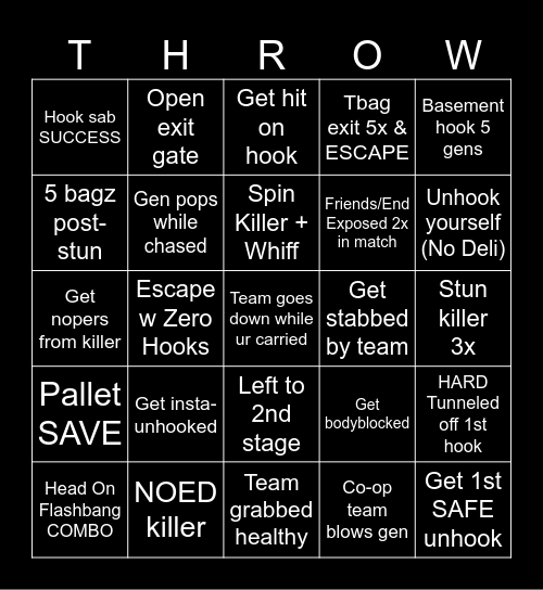 Throwing DBD Bingo Card