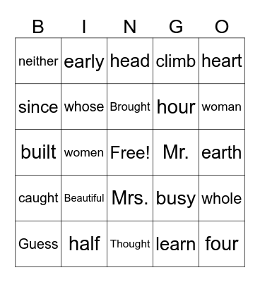 Sight Word Bingo Card