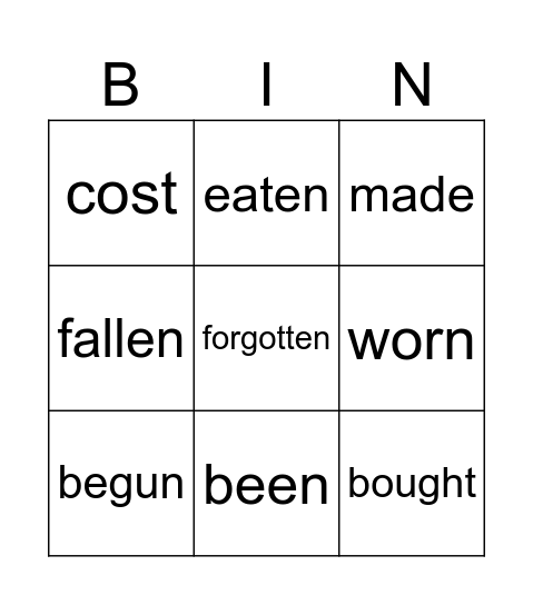 Irregular verbs- Past Participle Bingo Card