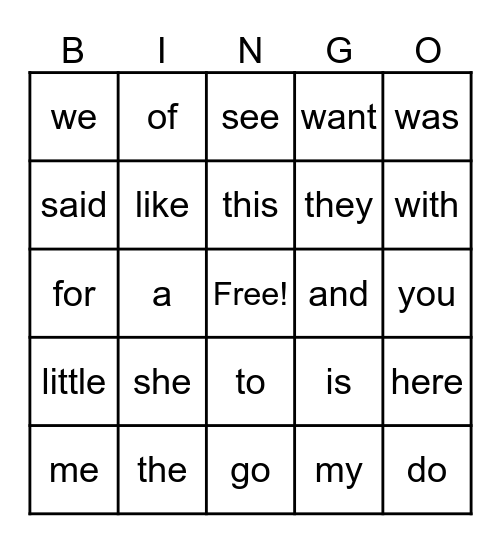 Kindergarten HFW Bingo Card