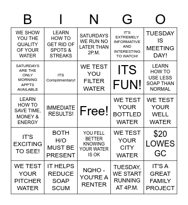 BENEFITS OF WATER TESTING Bingo Card
