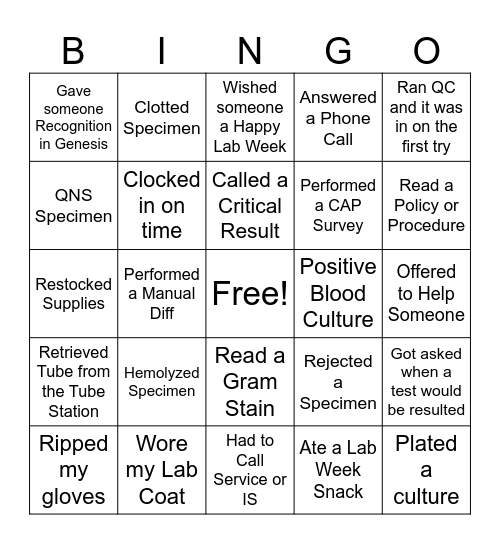 Lab Week Bingo MLS Bingo Card