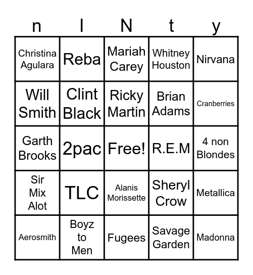 90s Artists Bingo Card