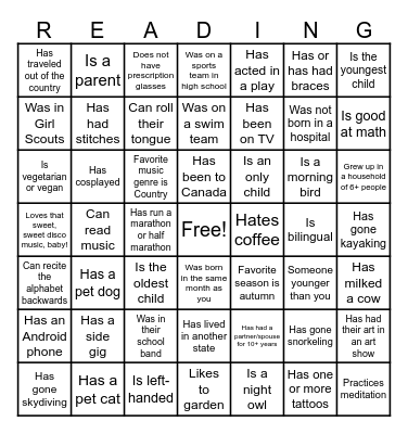Reading Branch Staff Bingo Card