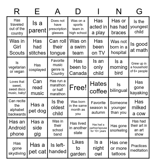 Reading Branch Staff Bingo Card