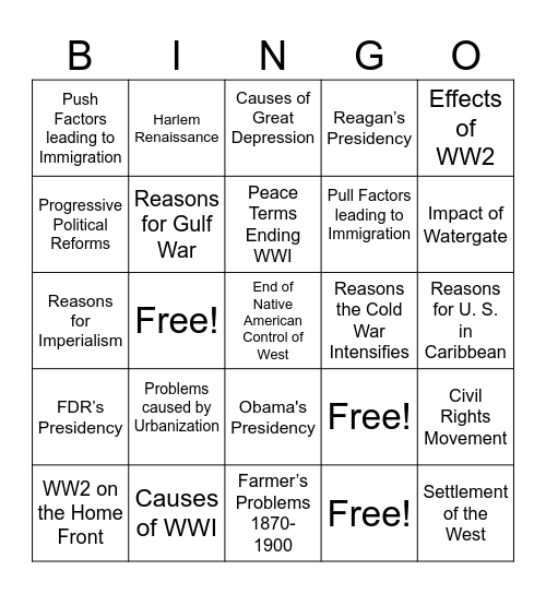 Topic Generalizations Bingo Card