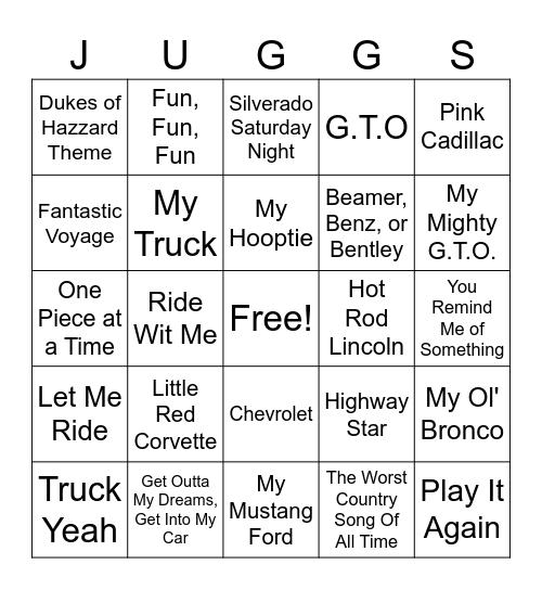 Trucks, Cars and Tires Bingo Card