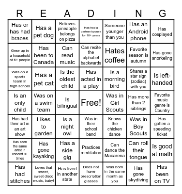 Reading Branch Staff BINGO Card