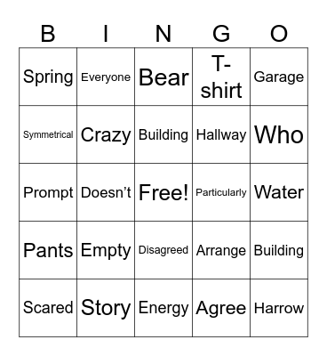 Vocab Words Bingo Card