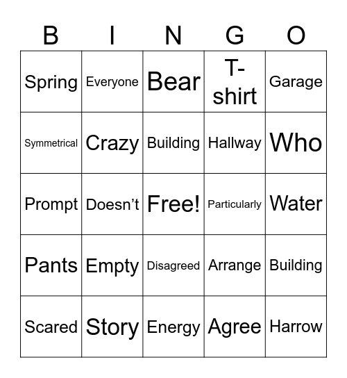 Vocab Words Bingo Card
