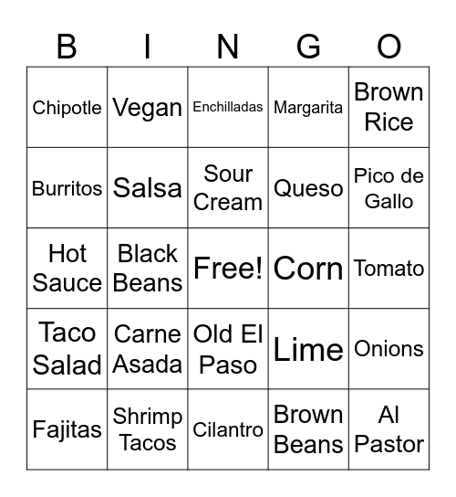 Taco Tuesday Bingo Card