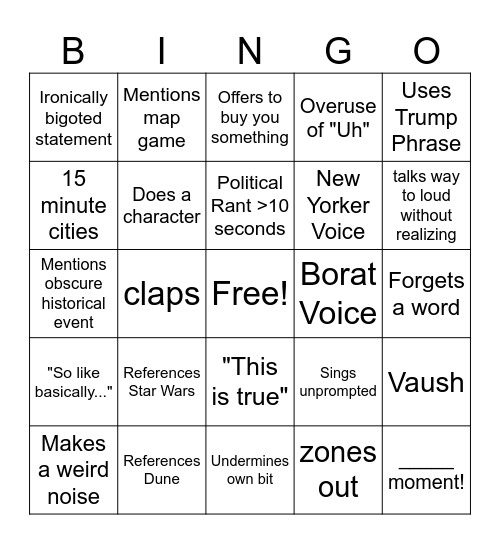 Aidan Bingo Card