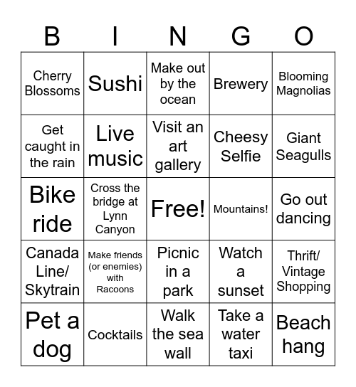 Rox & Maikel Vancouver Adventure Bingo Card
