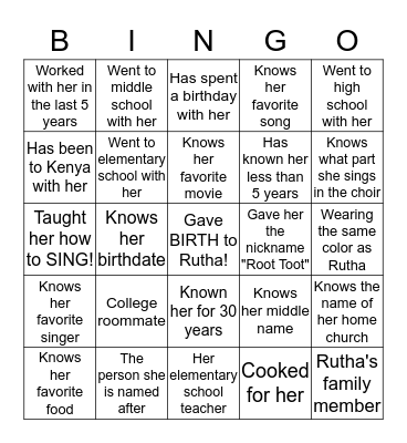 THE "RUTHA" BINGO GAME Bingo Card