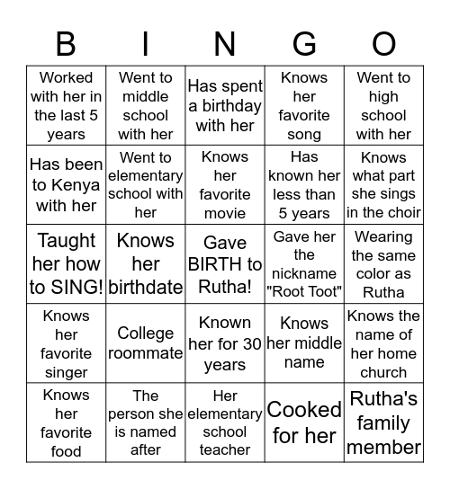 THE "RUTHA" BINGO GAME Bingo Card