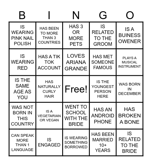 Find The Guest Bingo Card