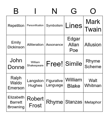 Poetry Bingo Card