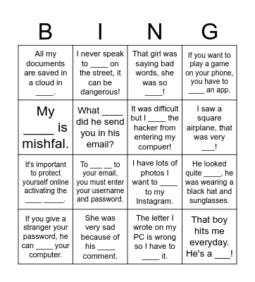 Vocabulary Unit 8 Bingo Card