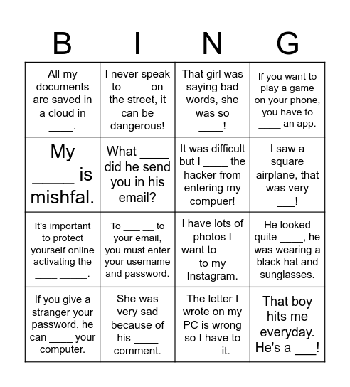 Vocabulary Unit 8 Bingo Card