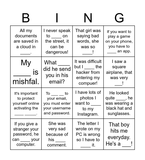 Vocabulary Unit 8 Bingo Card