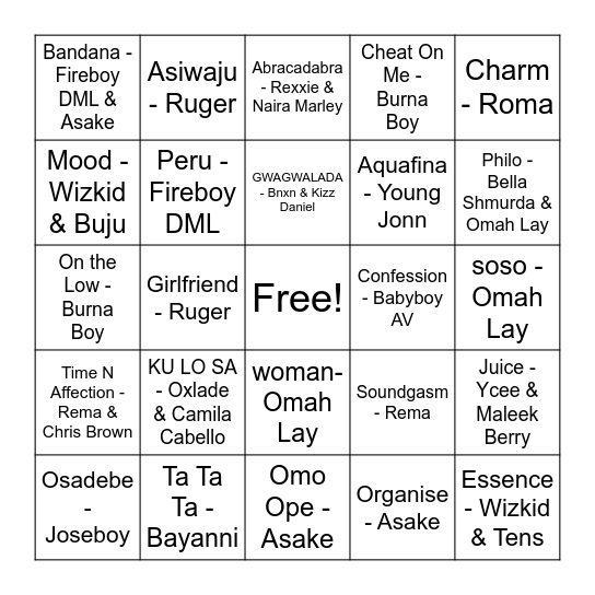 AFOBEAT Bingo Card