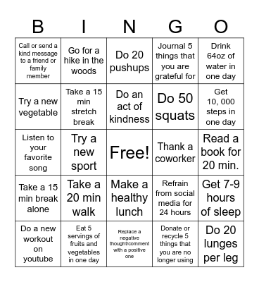 Health and Wellness Staff BINGO Card