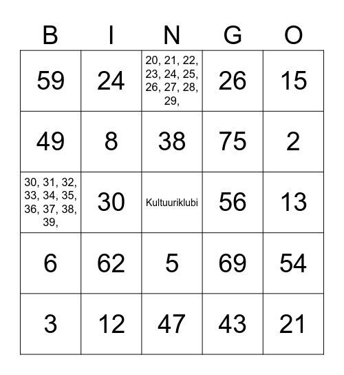Kultuuriklubi Bingo Card