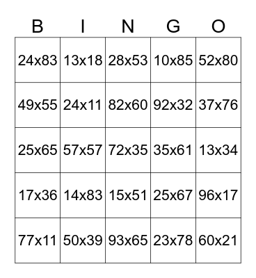 Double Digit Multiplication Bingo Card