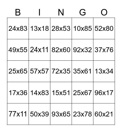 Double Digit Multiplication Bingo Card