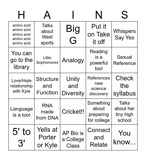 Mrs.Hains Bingo Card