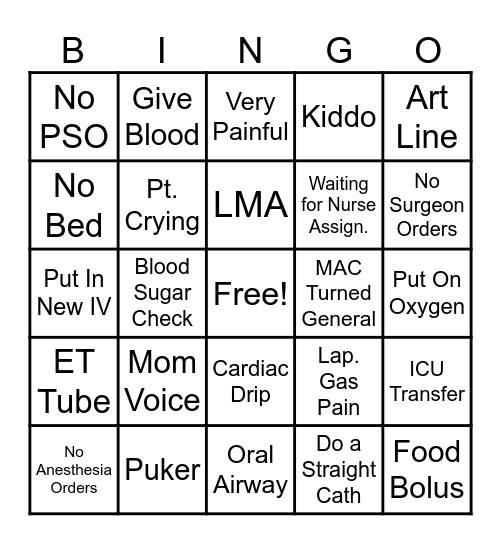 PACU Bingo! Bingo Card
