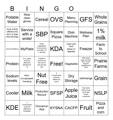 School Nutrition Bingo! Bingo Card