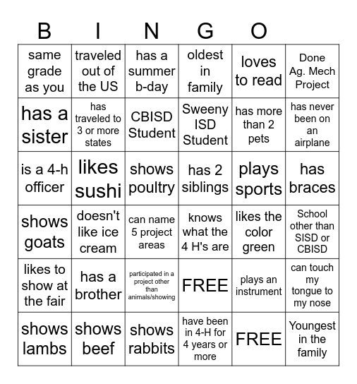 4-H/ Get to know you Bingo Card