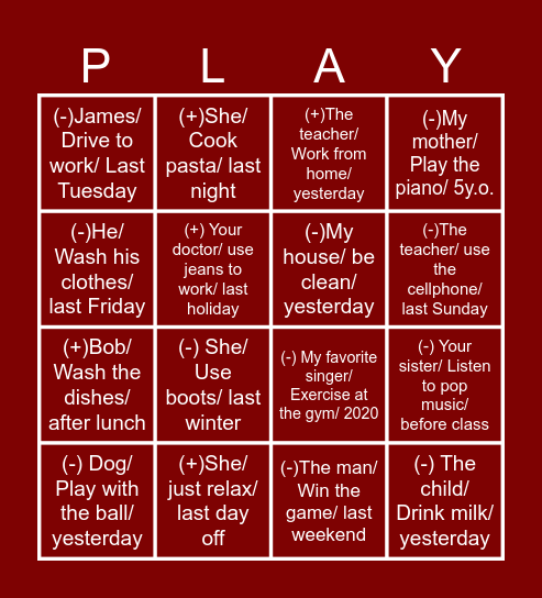 SIMPLE PAST Bingo Card