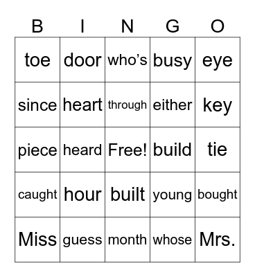 Sight Words Bingo Card