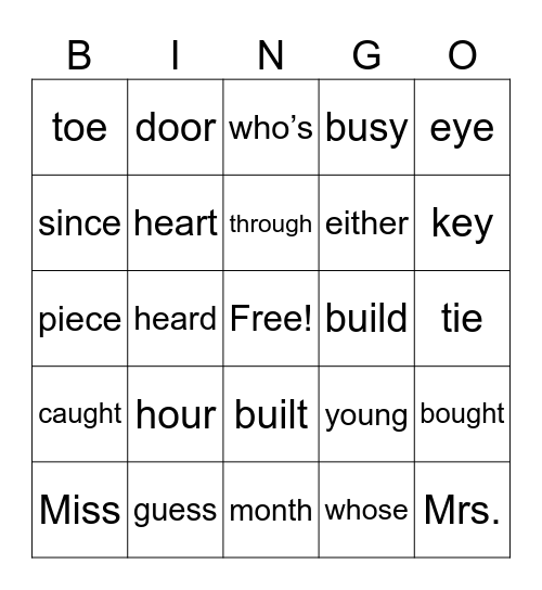 Sight Words Bingo Card