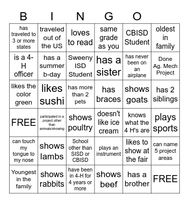 4-H/ Get to know you Bingo Card