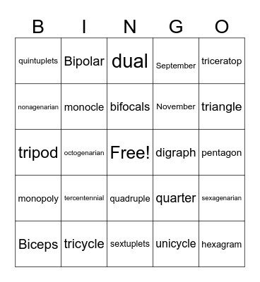 Latin and Greek Number Prefixes Bingo Card