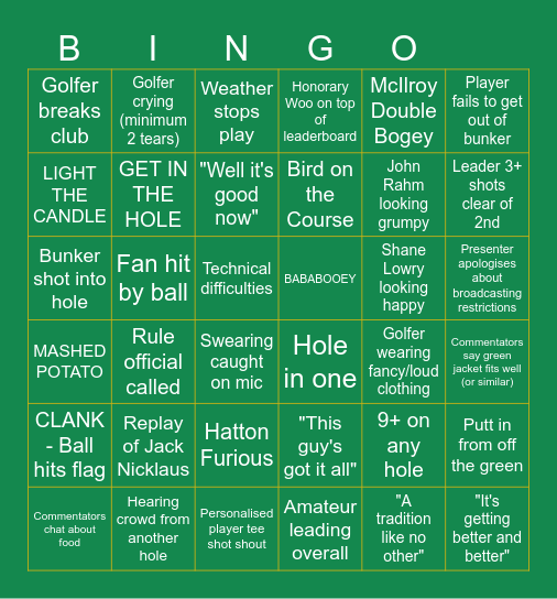 Masters Bingo Card