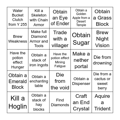 Minecraft Bedrock Lockout Bingo Card