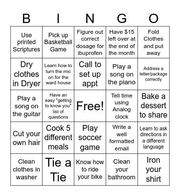 Mission Life Bingo Card