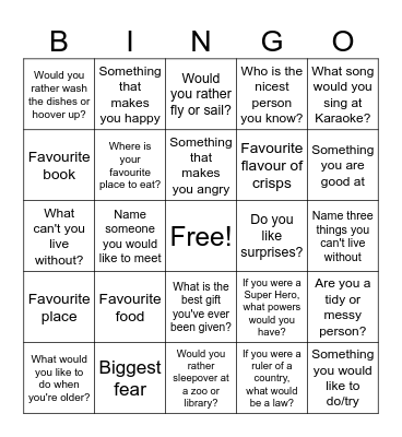 Getting to know you Bingo Card