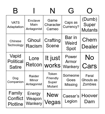 Fallout show Bingo Card