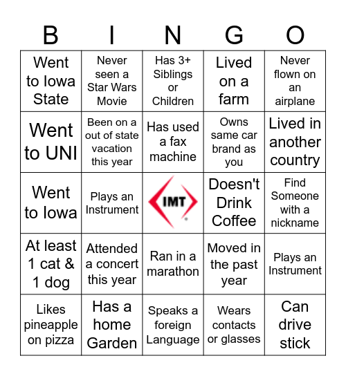 Get to Know Your IMT Co-Workers BINGO Card