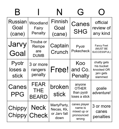 canes vs rags (game 3) 05/09 Bingo Card