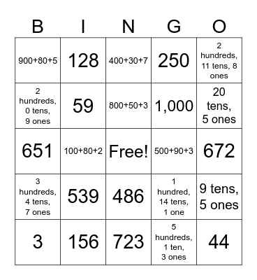 Place Value Bingo Card