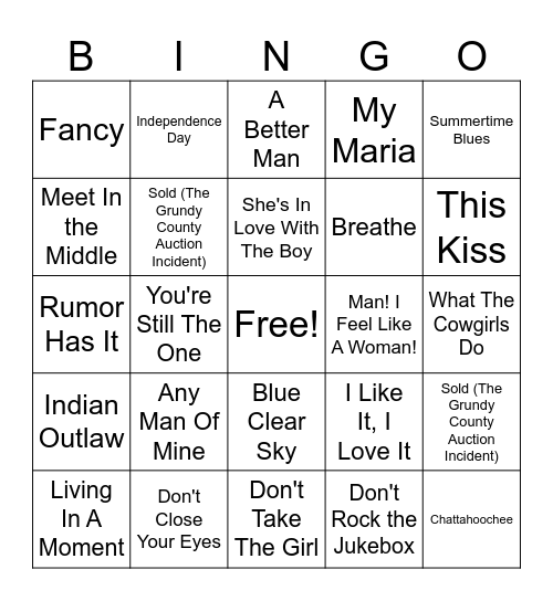 Trouvaille Music Bingo - 90's Country Bingo Card