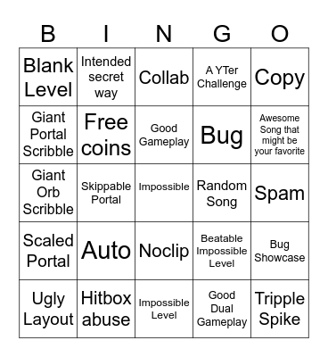 Recent Tab Bingo (Geometry Dash) Bingo Card