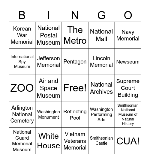 WASHINGTON DC Bingo Card