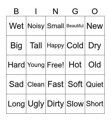 Basic Adjectives Bingo Card
